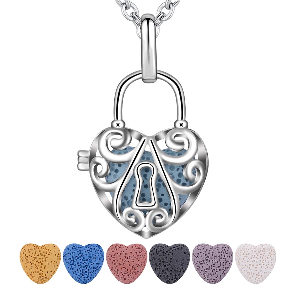 Merryshine Jewelry Lock shape design pendant aromatherapy locket essential oil diffuser lava rock beads necklace