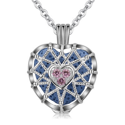 Merryshine Jewelry 20mm Heart shaped hollow cage lava stone essential oil diffuser necklace with pink purple cz diamond