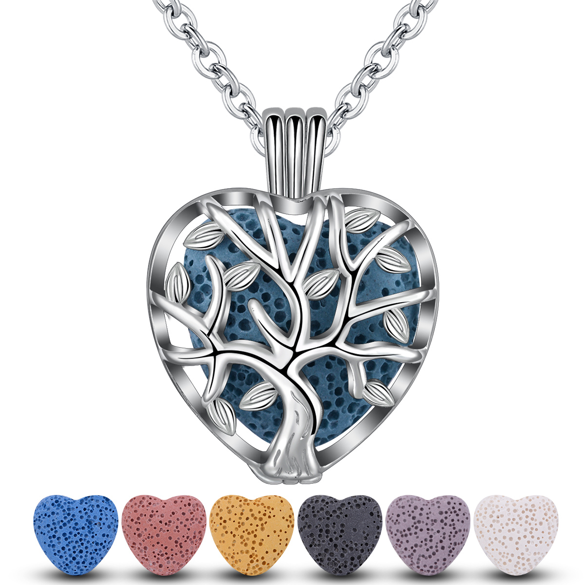 Merryshine Jewelry tree of life pattern heart shaped lava stone cage locket aromatherapy necklace