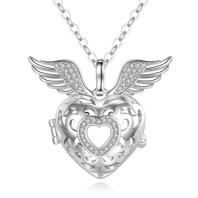 Merryshine Jewelry S925 Sterling Silver Heart Shaped Harmony Bola Ball Cage Necklace With Wings