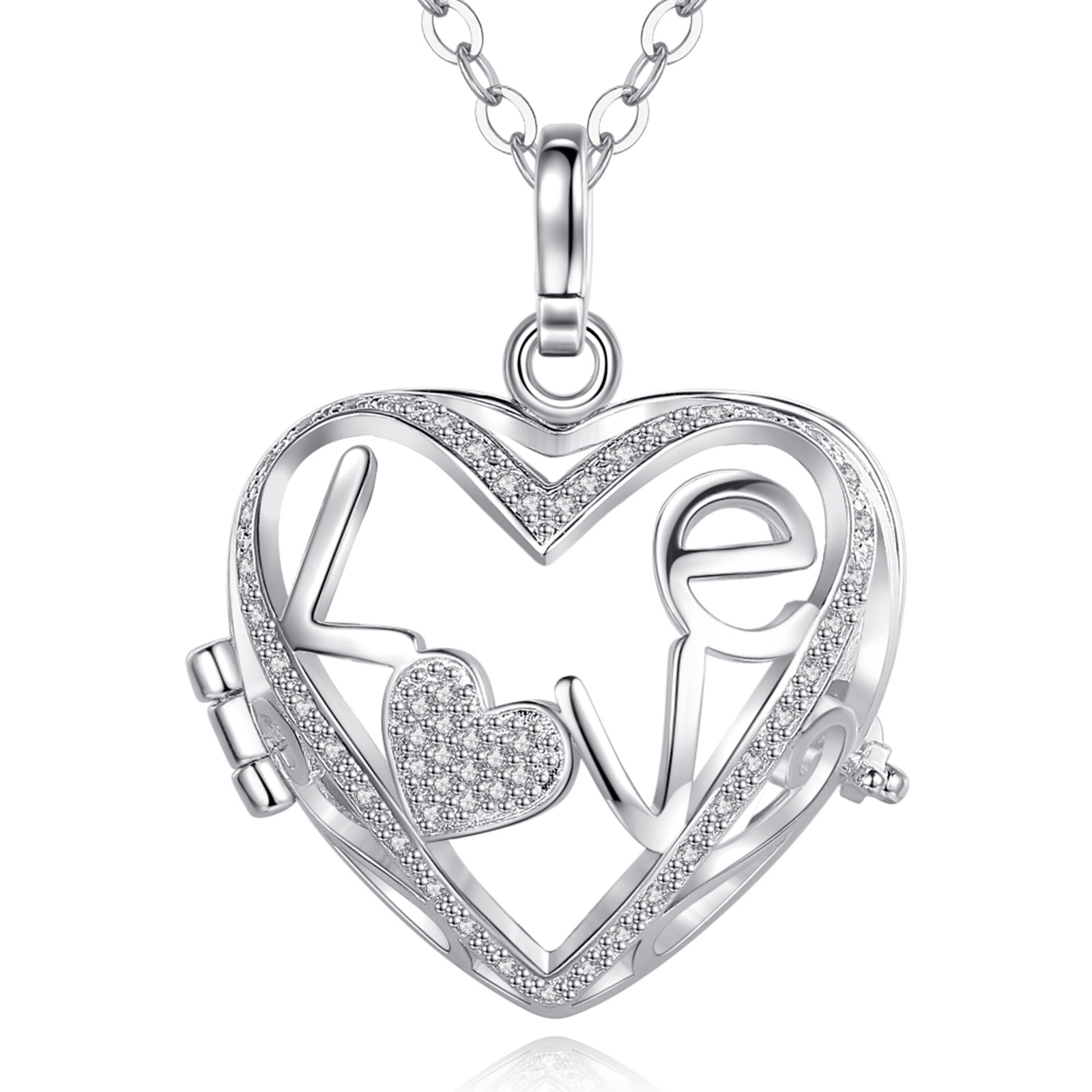 Merryshine Jewelry S925 Sterling Silver Heart Shaped Hollow Out Cage Angel Chime Caller Necklace