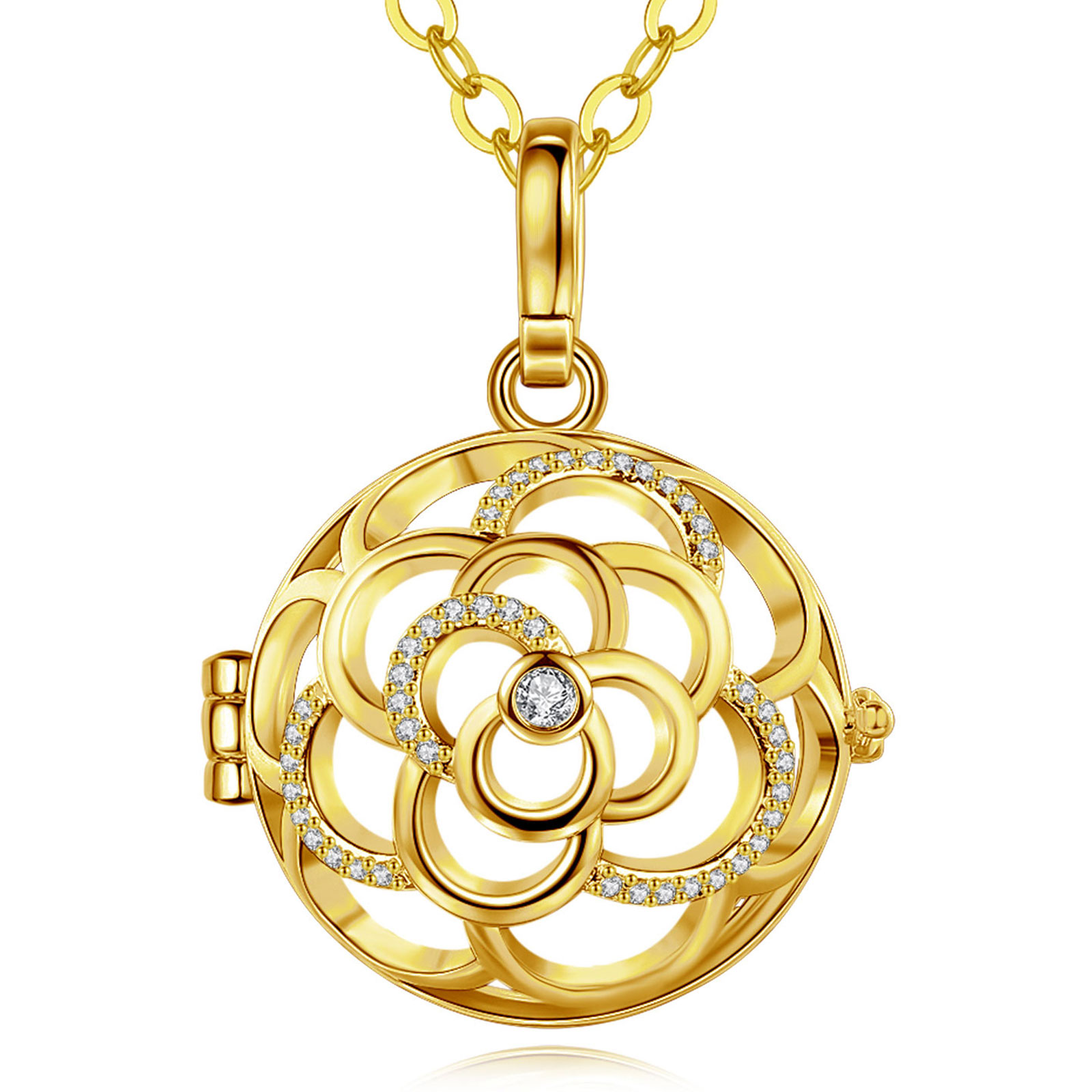 Merryshine Jewelry Golden rose hollowed-out cage S925 Sterling Silver Harmony Chime Ball Necklace