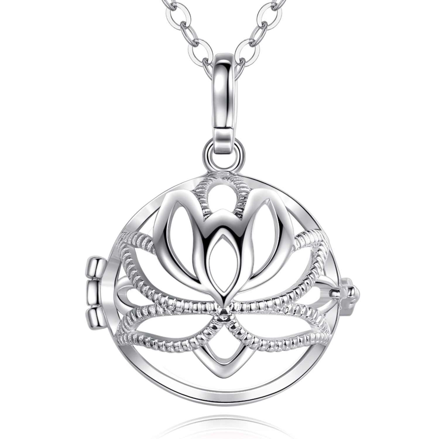 Merryshine Jewelry S925 Sterling Silver Lotus Hollowed-out Cage Angel Chime Bola Sound Harmony Ball Necklace