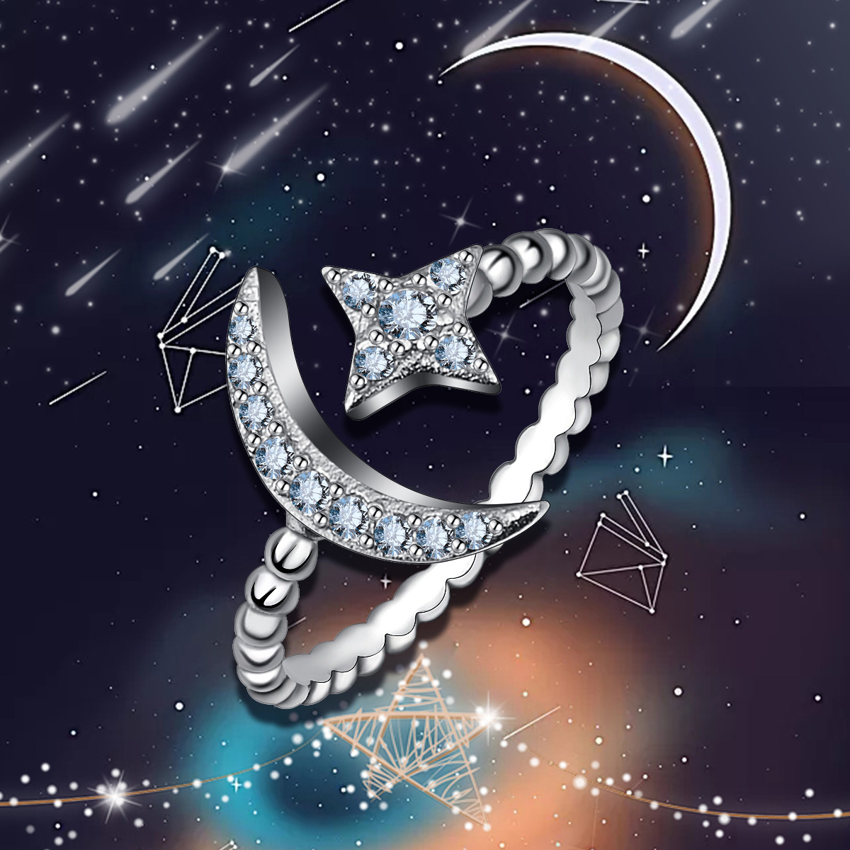Merryshine Jewelry S925 Sterling Silver Blue Cubic zirconia Diamond Moon and Star Open Ring
