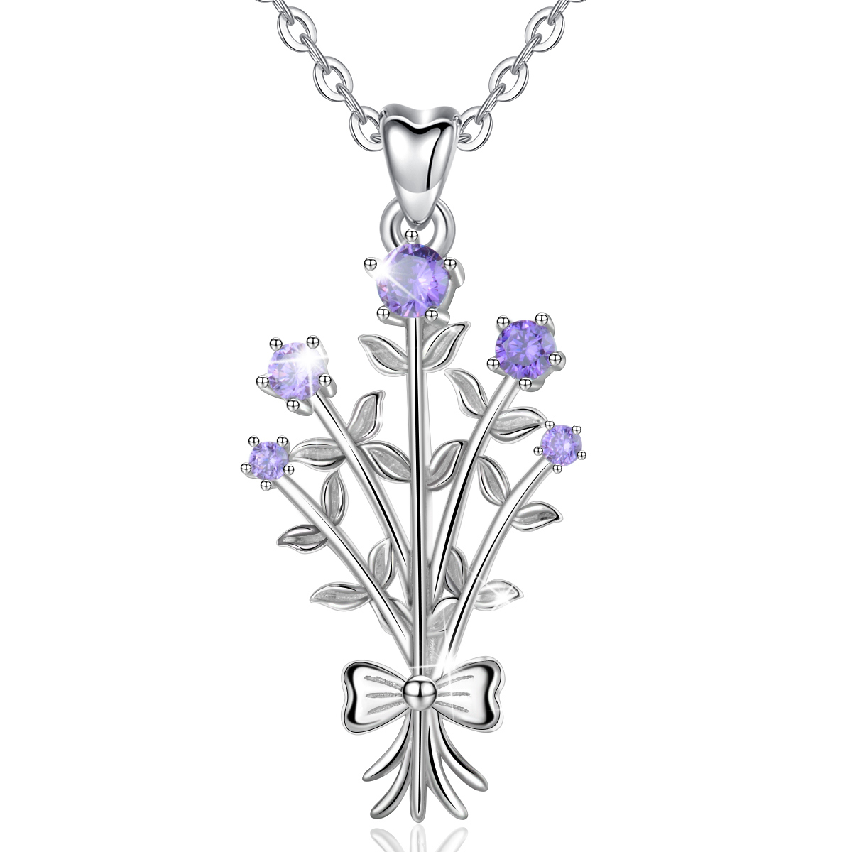 Merryshine Jewelry S925 Sterling Silver Purple Zirconia Flower Nosegay Pendant Necklace for Girls