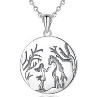 Merryshine Jewelry S925 Sterling Silver Round Pendant Girl and Horse Necklace