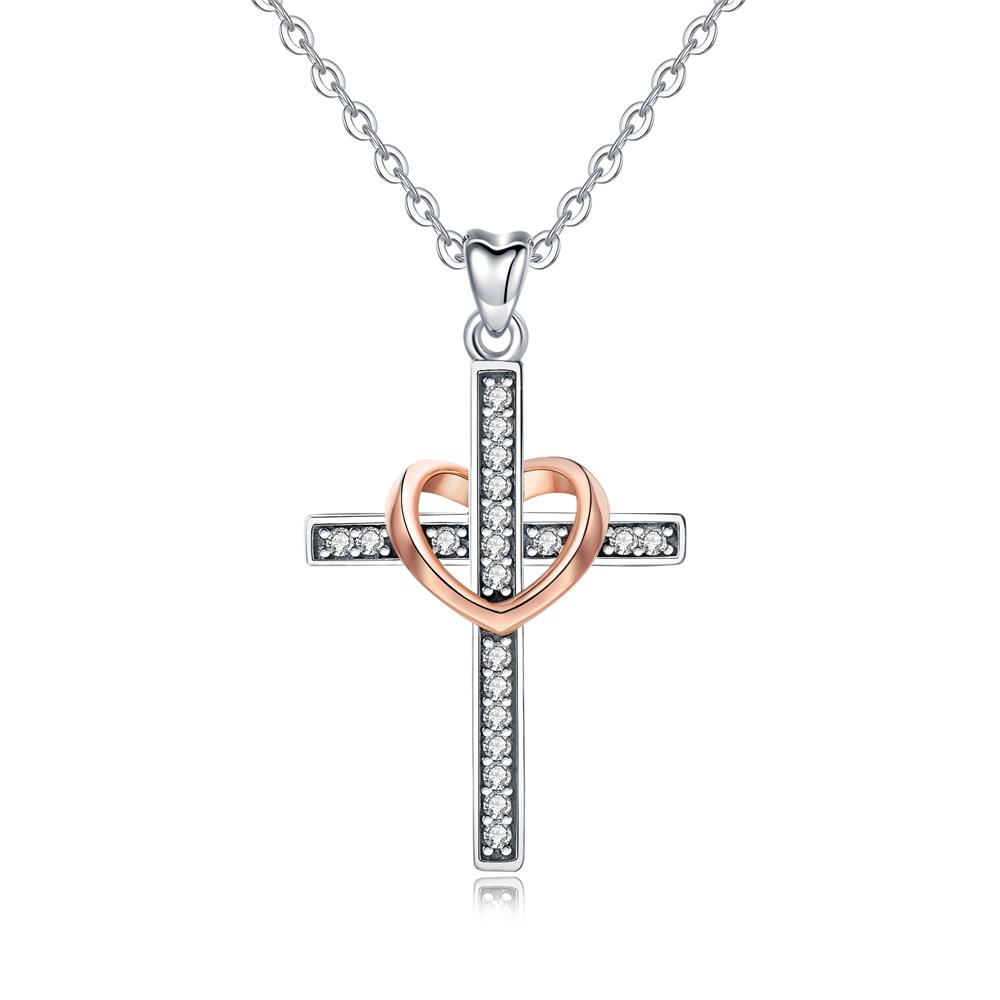 Merryshine Jewelry Rose Gold Heart S925 Sterling Silver Cubic Zirconia Cross Necklace for Women