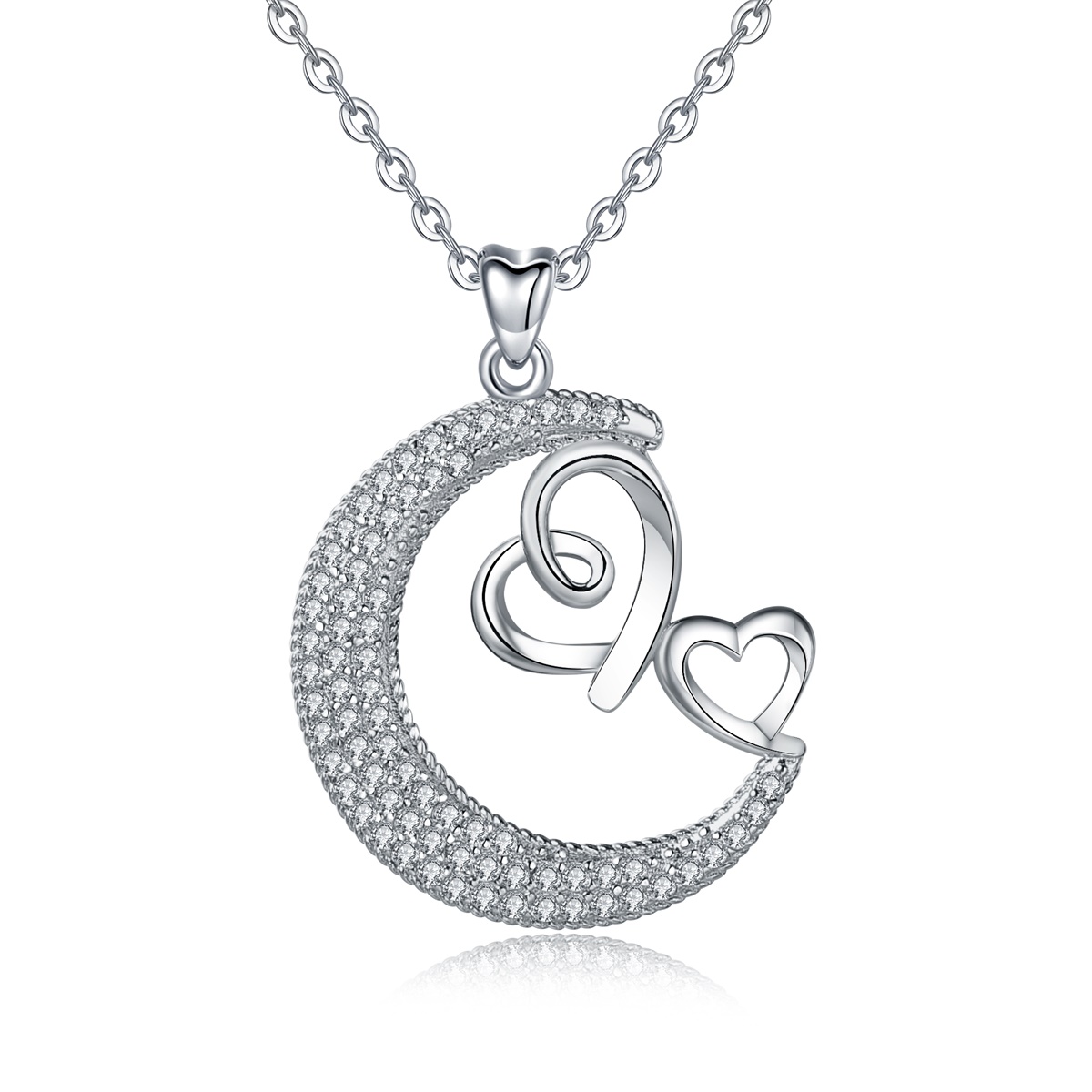 Merryshine Jewelry Dainty Micro CZ Diamond S925 Sterling Silver Heart and Moon Necklace