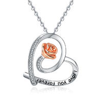 Merryshine Jewelry S925 Sterling Silver Rose Flower Love Heart With Rose Necklace