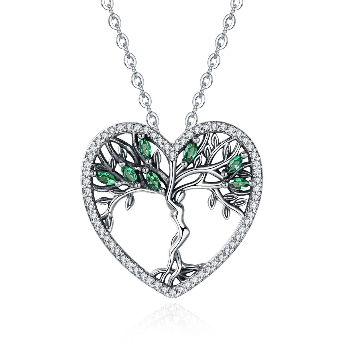 Merryshine Jewelry Oxidation Retro S925 Sterling Silver Heart Shape Tree of Life Charm Necklace