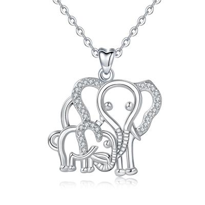 Merryshine Jewelry S925 Sterling Silver Mother and Baby Elephant Necklace With Cubic Zirconia