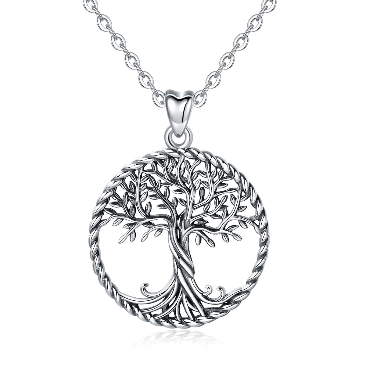 Merryshine Jewelry S925 Sterling Silver Round Shape Tree of Life Necklace Family Tree Circle Pendant