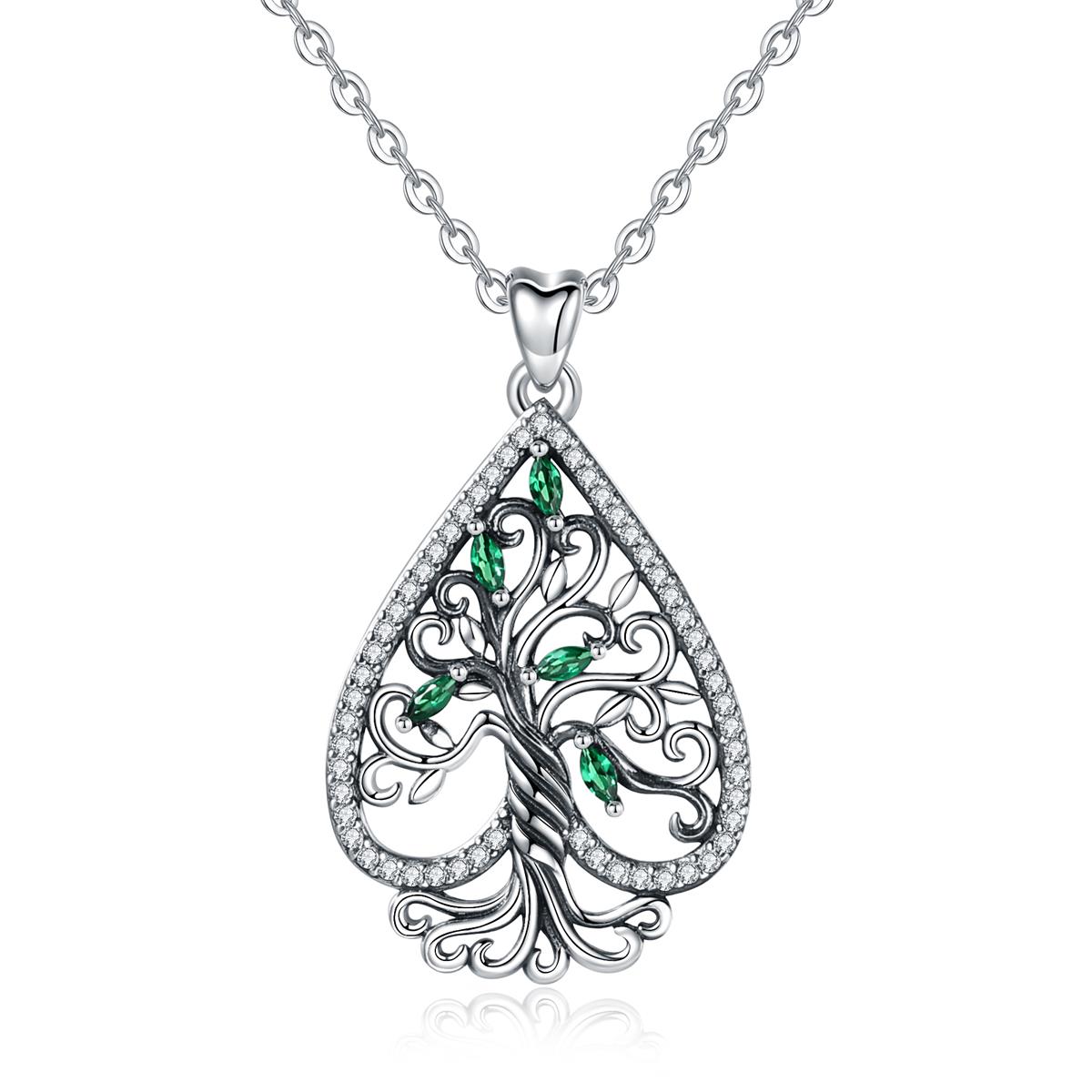 Merryshine Jewelry S925 Sterling Silver Heart Shape Tree of Life Necklace with Green Cubic Zirconia
