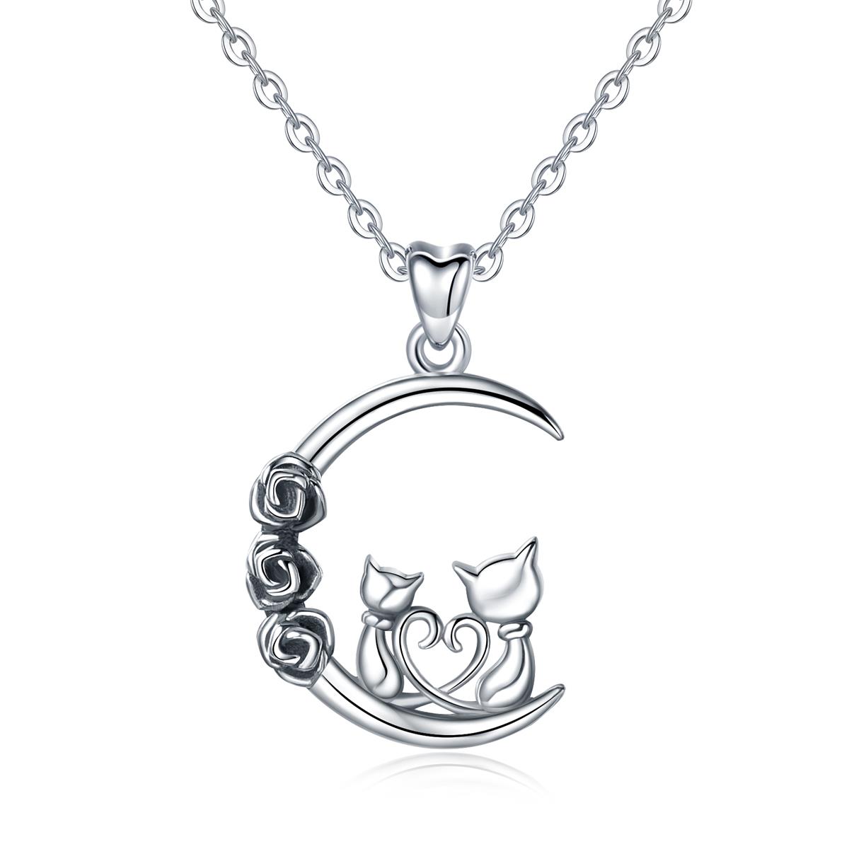 Merryshine Jewelry S925 Sterling Silver Moon and Cats Necklace Pendant for Couples