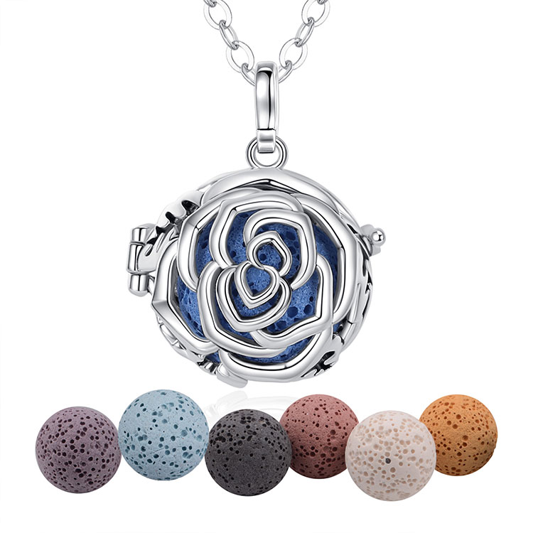 Merryshine Jewelry Rose Pattern Design Aromatherapy Essential Oil Perfume Diffuser Lava Stone Necklace