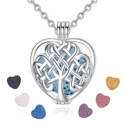 Merryshine Jewelry Heart Shaped Cage Tree of Life Design Lava Rock Round Ball Stone Aromatherapy Necklace