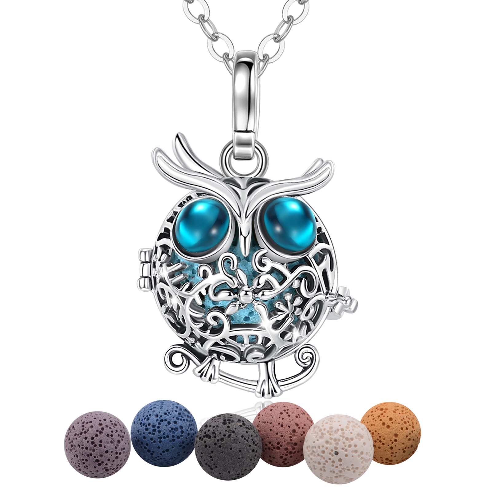 Merryshine Jewelry S925 Sterling Silver Lava Stone Cage Diffuser Vintage Style Owl Pendant Necklace