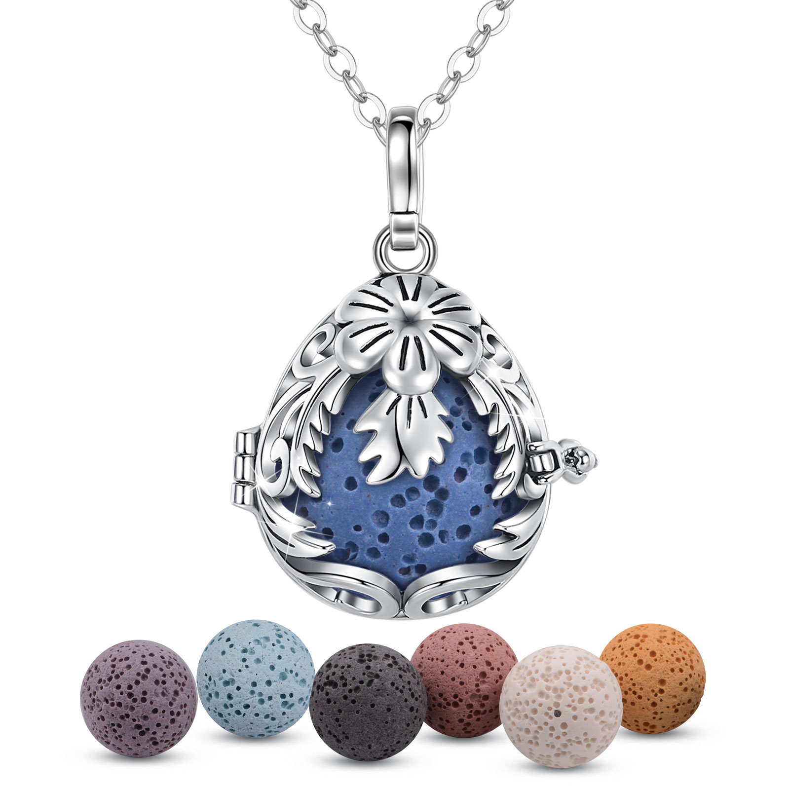 Merryshine Jewelry S925 Sterling Silver Lava Rock Stone Essential Oil Aromatherapy Diffuser Necklace for Women