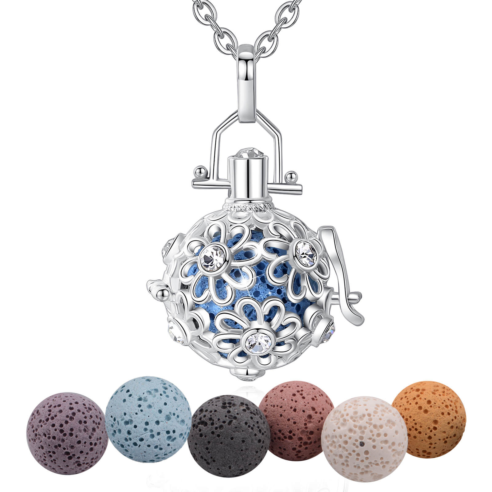 Merryshine Jewelry S925 Sterling Silver Aromatherapy Lava Stone Cage Essential Oil Diffuser Necklace for Girl