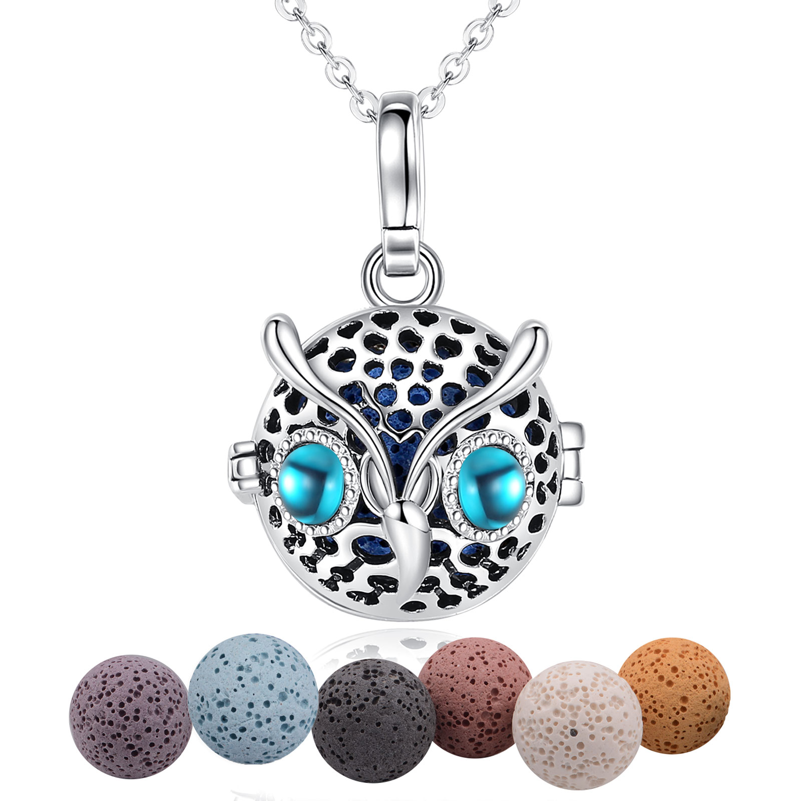 Merryshine Jewelry S925 Sterling Silver Owl Shaped Cage Lava Stone Aromatherapy Necklace for Women