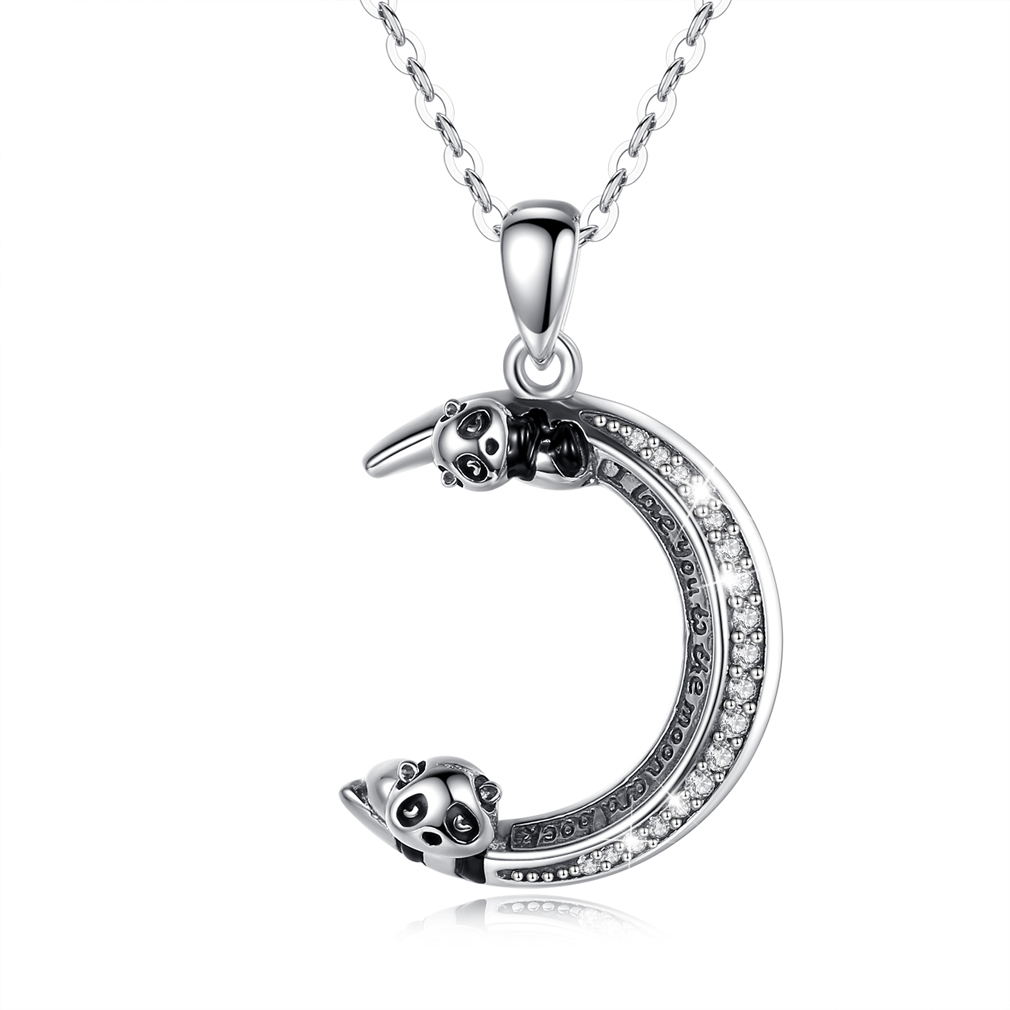 Merryshine Jewelry S925 Sterling Silver Panda and Crescent Moon Pendant Necklace With Cubic Zirconia