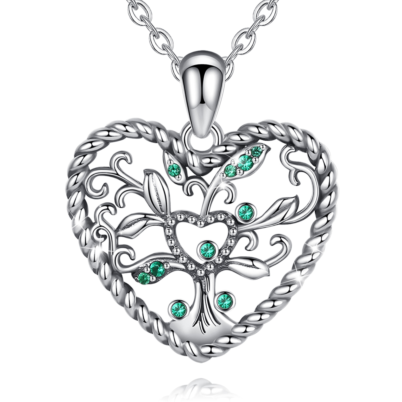 Merryshine Jewelry Dainty S925 Sterling Silver Tree of Life Pendant Necklace with Green Cubic Zirconia