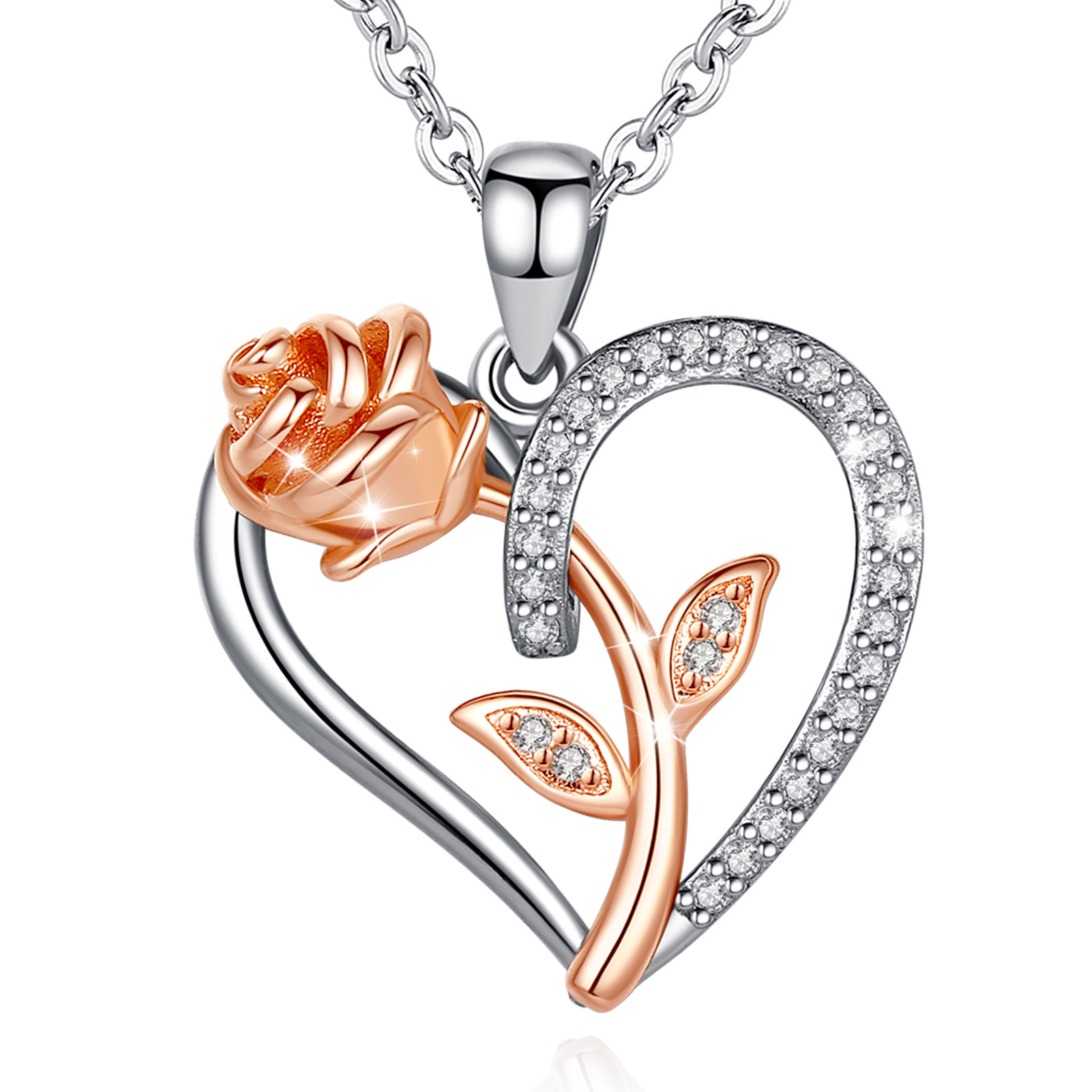Merryshine Jewelry S925 Sterling Silver Dainty Rose Flower Pendant Necklace With Cubic Zirconia