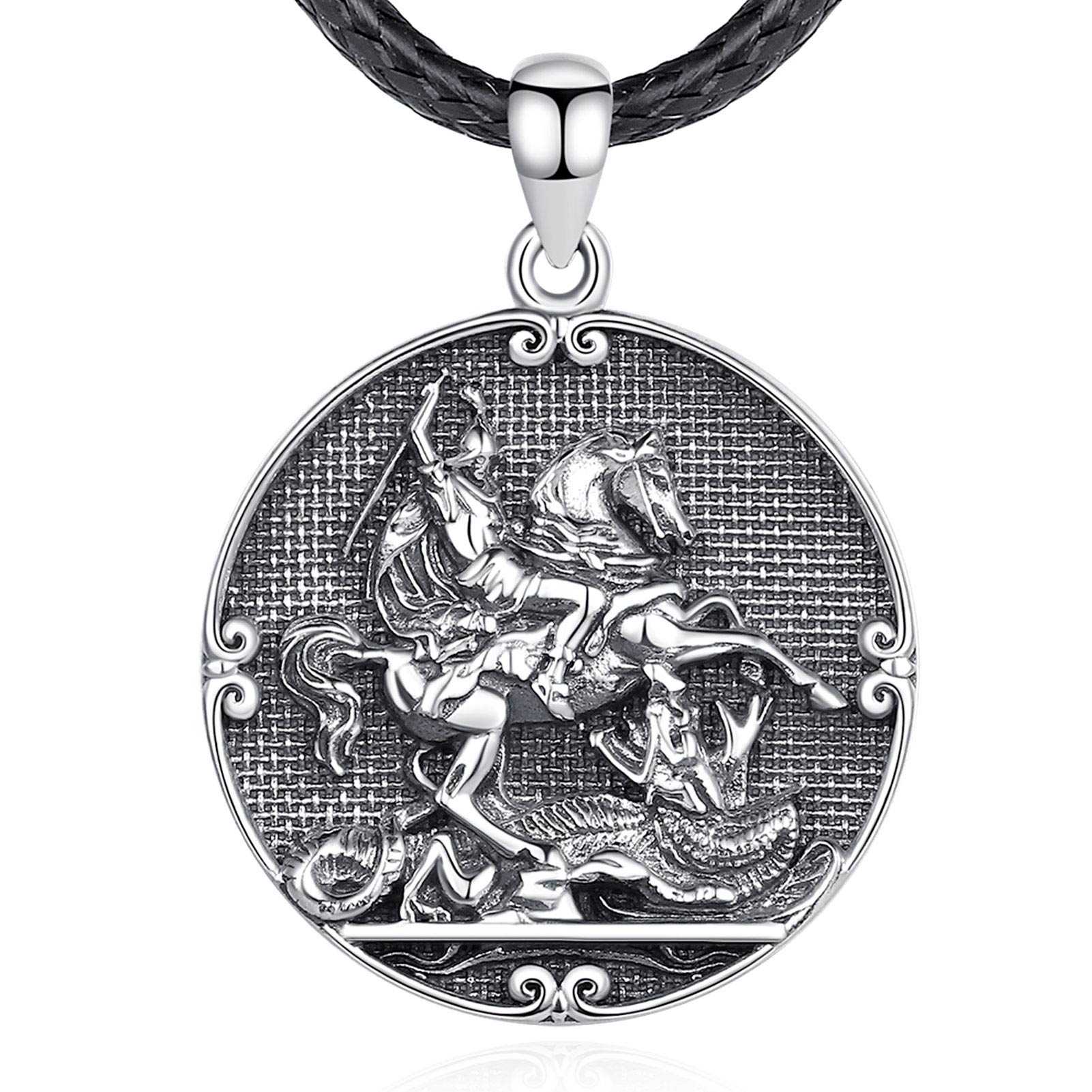 Merryshine 925 Sterling Silver Embossing Vintage Oxidized Saint George Jewelry Men Necklace