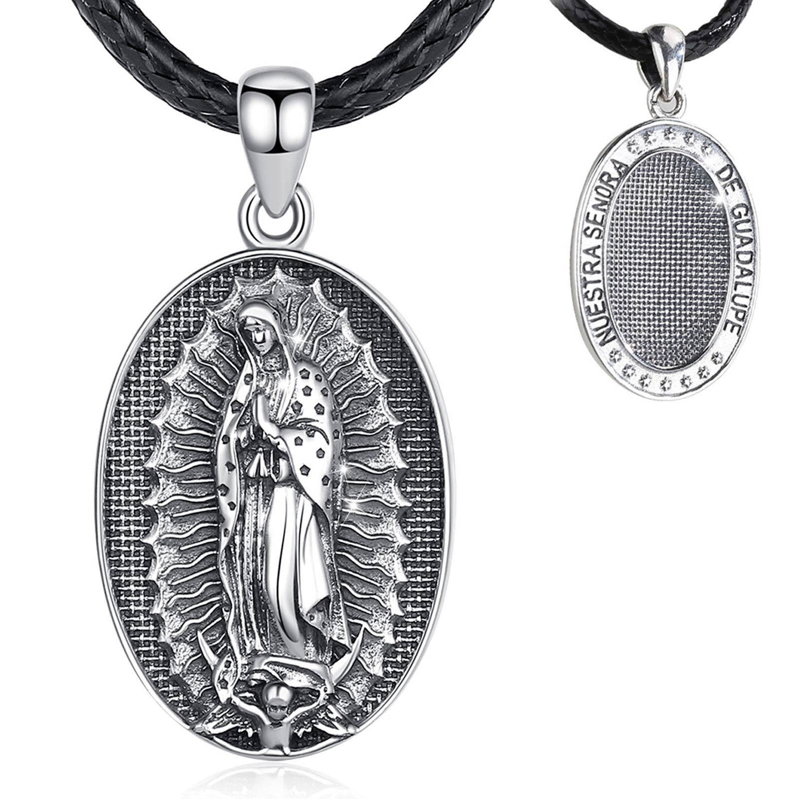 Merryshine S925 Sterling Silver Oval Embossed Guadalupe Trendy Jewelry Pendant Necklace for Gift