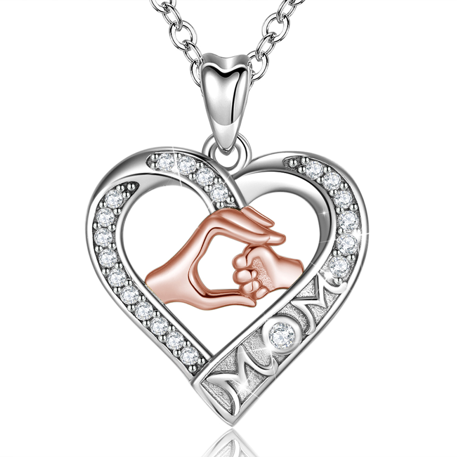 Merryshine Jewelry Mom and Baby's Hand White Gold Heart Shape S925 Sterling Silver Necklace for Ladies Gift