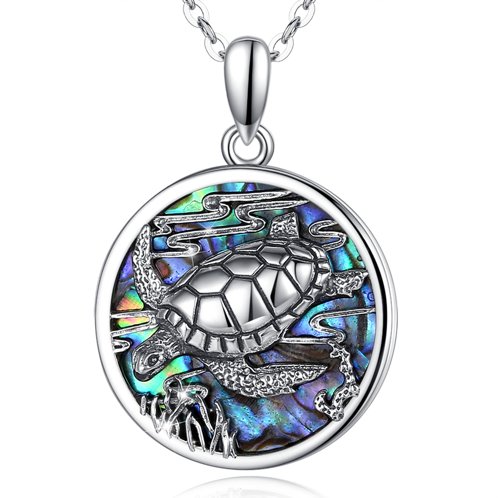 Merryshine Jewelry S925 Sterling Silver Mother of Pearl Abalone Shell Sea Turtle Necklace