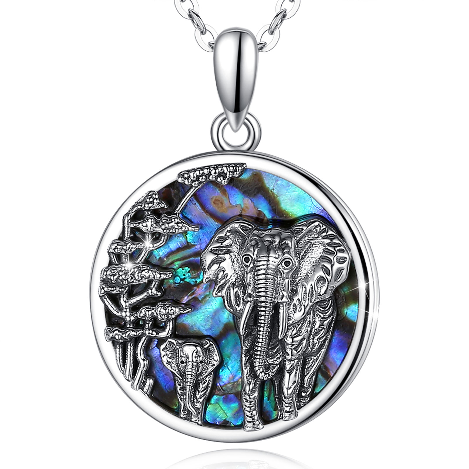 Merryshine Jewelry S925 Sterling Silver Abalone shell Elephant Mother Baby Animal Pendant Necklace