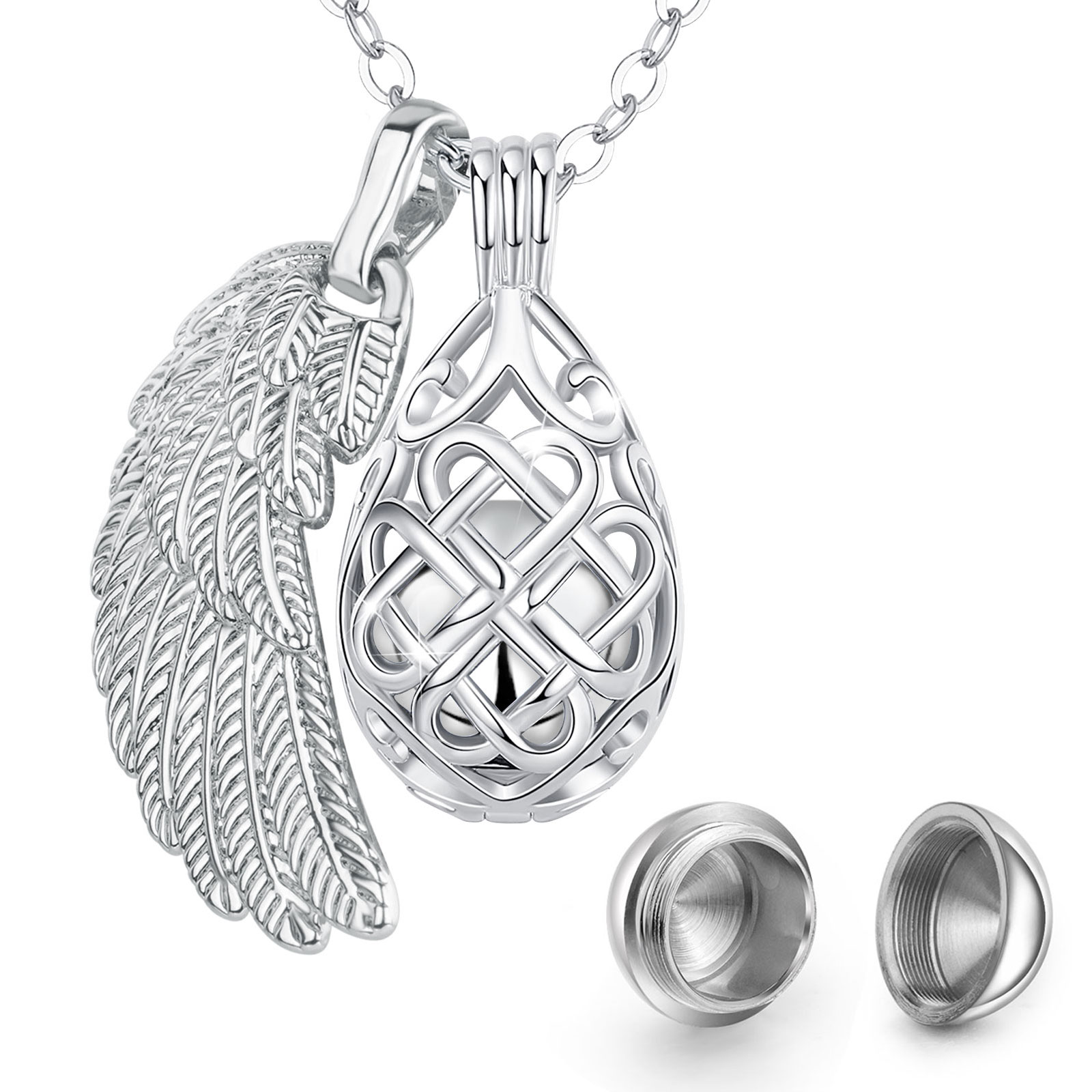 Merryshine Jewelry Cremation Hollow Teardrop Shape Memorial Keepsake Ashes Urn Necklace with Angel Wing