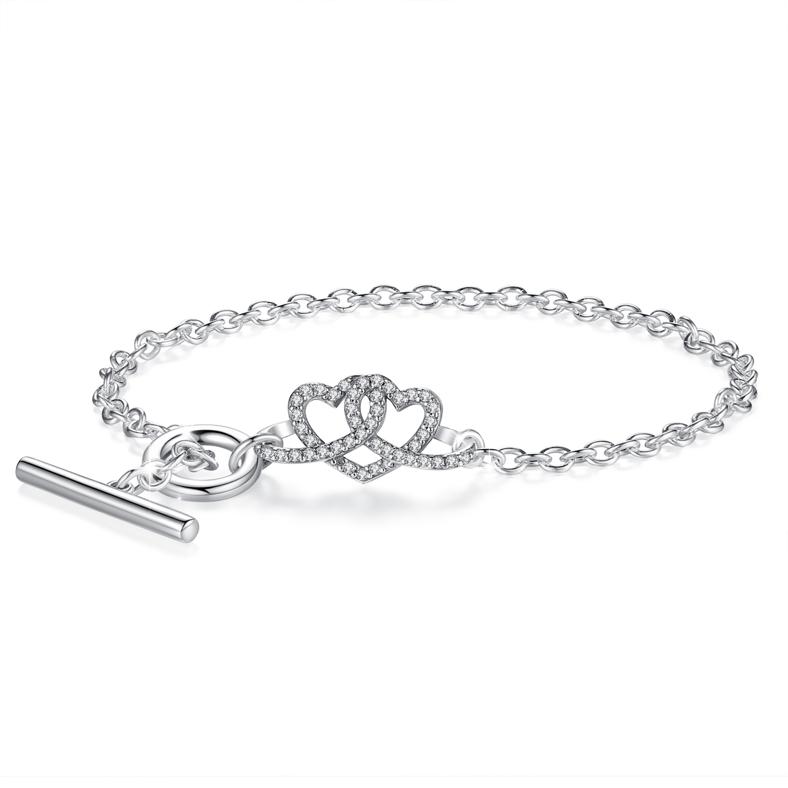 Merryshine New Arrival S925 Sterling Silver Double Heart Chain Woman Bracelet Jewelry