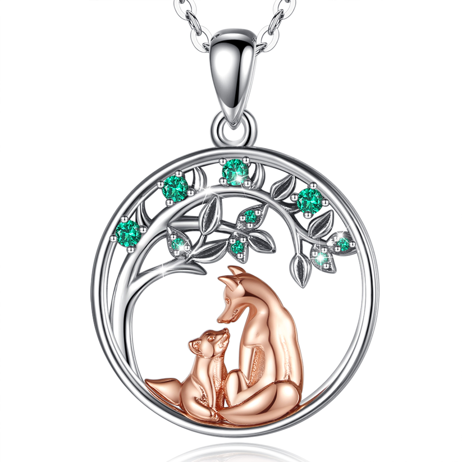Merryshine Jewelry S925 Sterling Silver Fox Mother and Baby Pendant Necklace with Green Cubic Zirconia