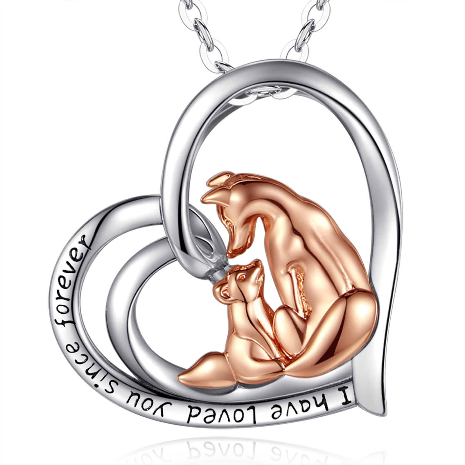 Merryshine Jewelry High Quality S925 Sterling Silver Fox Mother and Baby Heart Pendant Necklace
