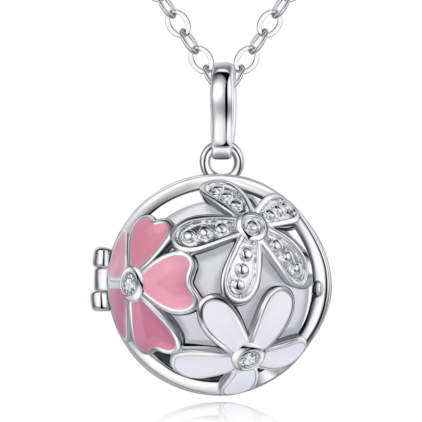 Silver Retro Flower Harmony Ball Locket Angel Chime Caller Bell Pregnancy Bola Necklace