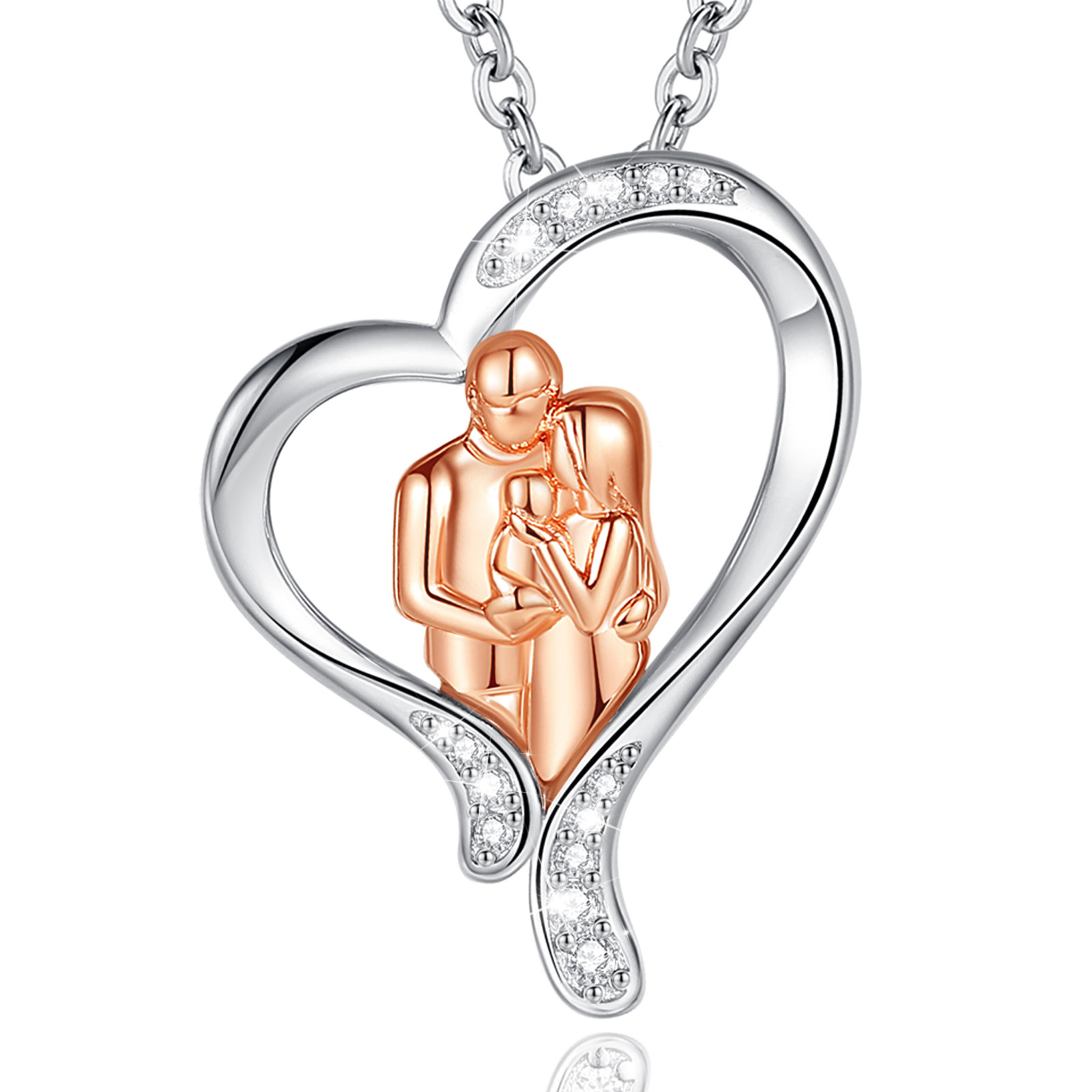Merryshine Jewelry S925 Sterling Silver Father and Mother Baby Heart Family Necklace