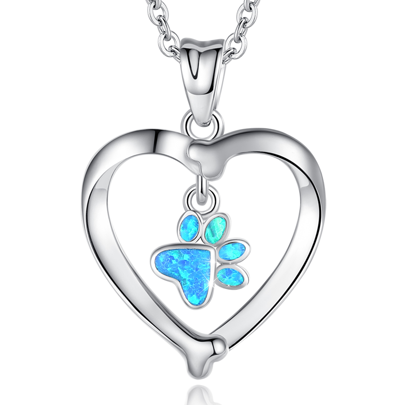 Merryshine Heart S925 Sterling Silver Jewelry Blue Opal Cat and Dog Paw Print Necklace