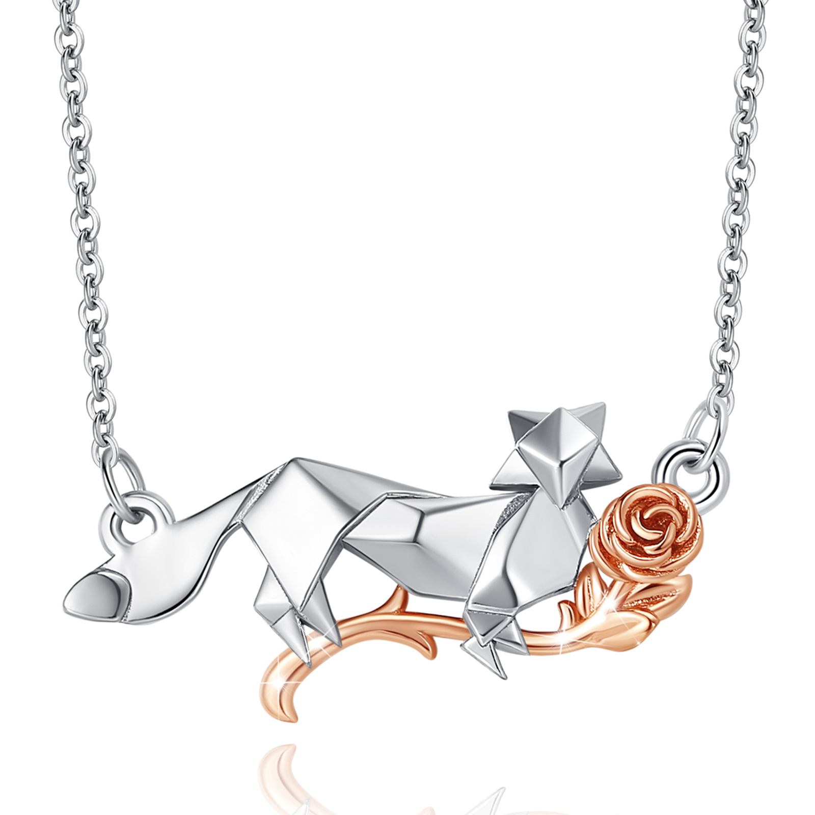 Merryshine Jewelry Origami Elements 925 Sterling Silver Fox and Flower Rose Pendant Necklace