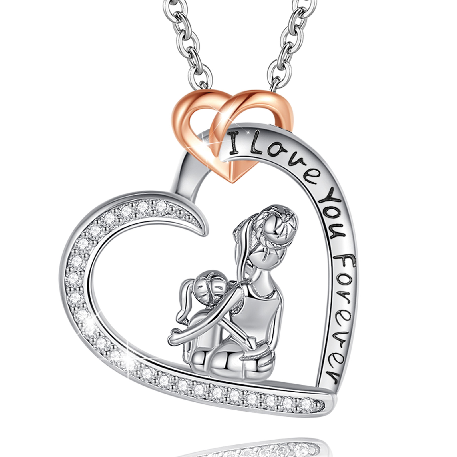 Merryshine Jewelry S925 Sterling Silver CZ Mom and Daughter Heart Necklace for Mother's Day Gift