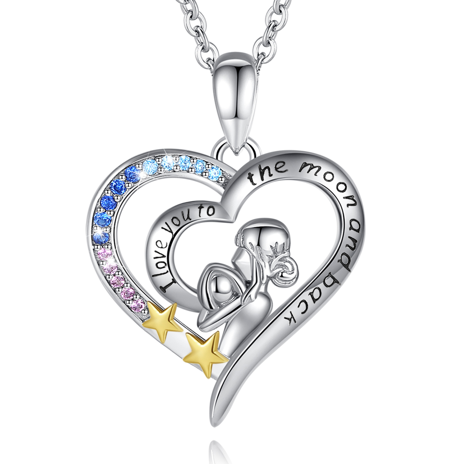 Merryshine Jewelry S925 Sterling Silver Mom and Baby Heart Shaped Necklace with Colorful Cubic Zirconia