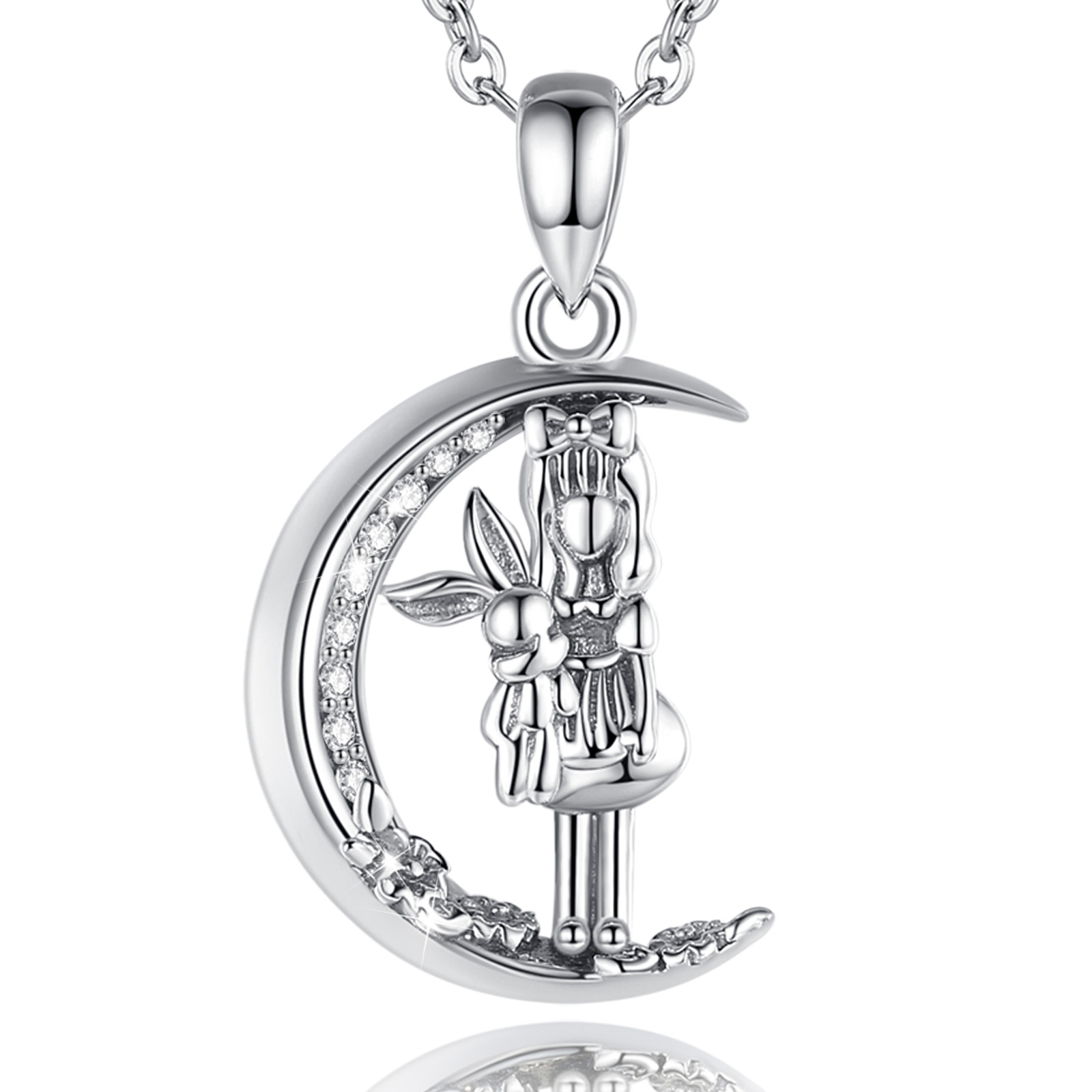 Merryshine Jewelry S925 Sterling Silver Little Girl and Rabbit Crescent Moon Charm Necklace