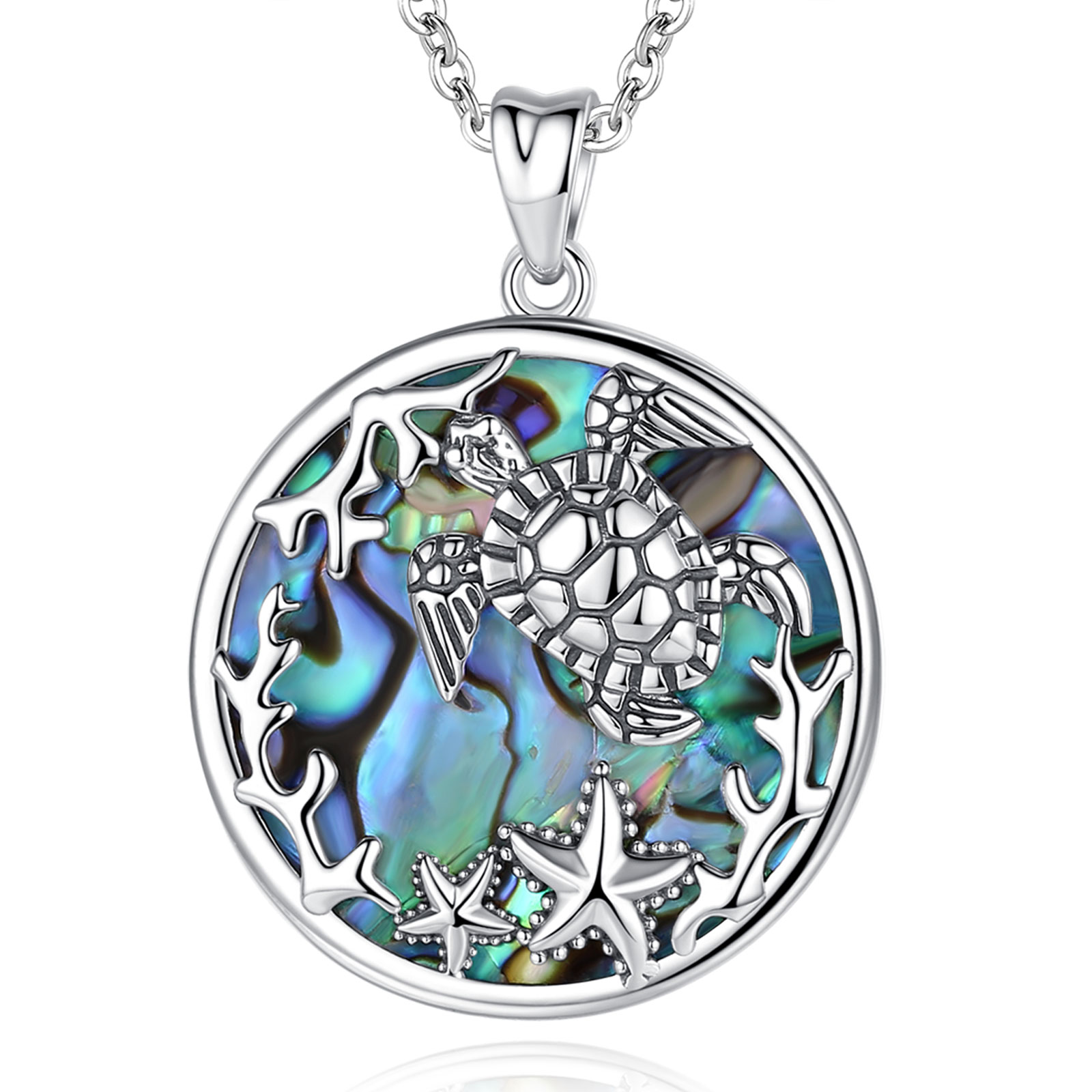 Merryshine Jewelry S925 Sterling Silver Sea Turtle Round Mother of Pearl Necklace Pendant
