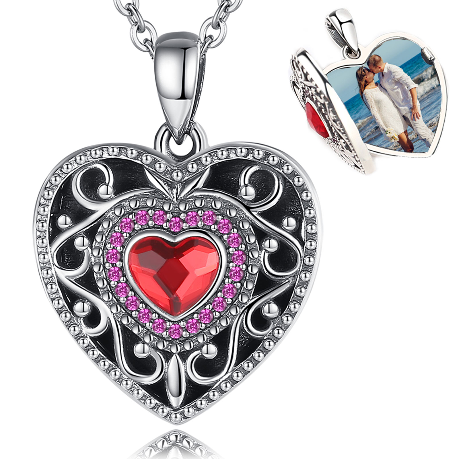 Merryshine Jewelry S925 Sterling Silver Heart Shaped Photo Locket Necklace with Red Cubic Zirconia