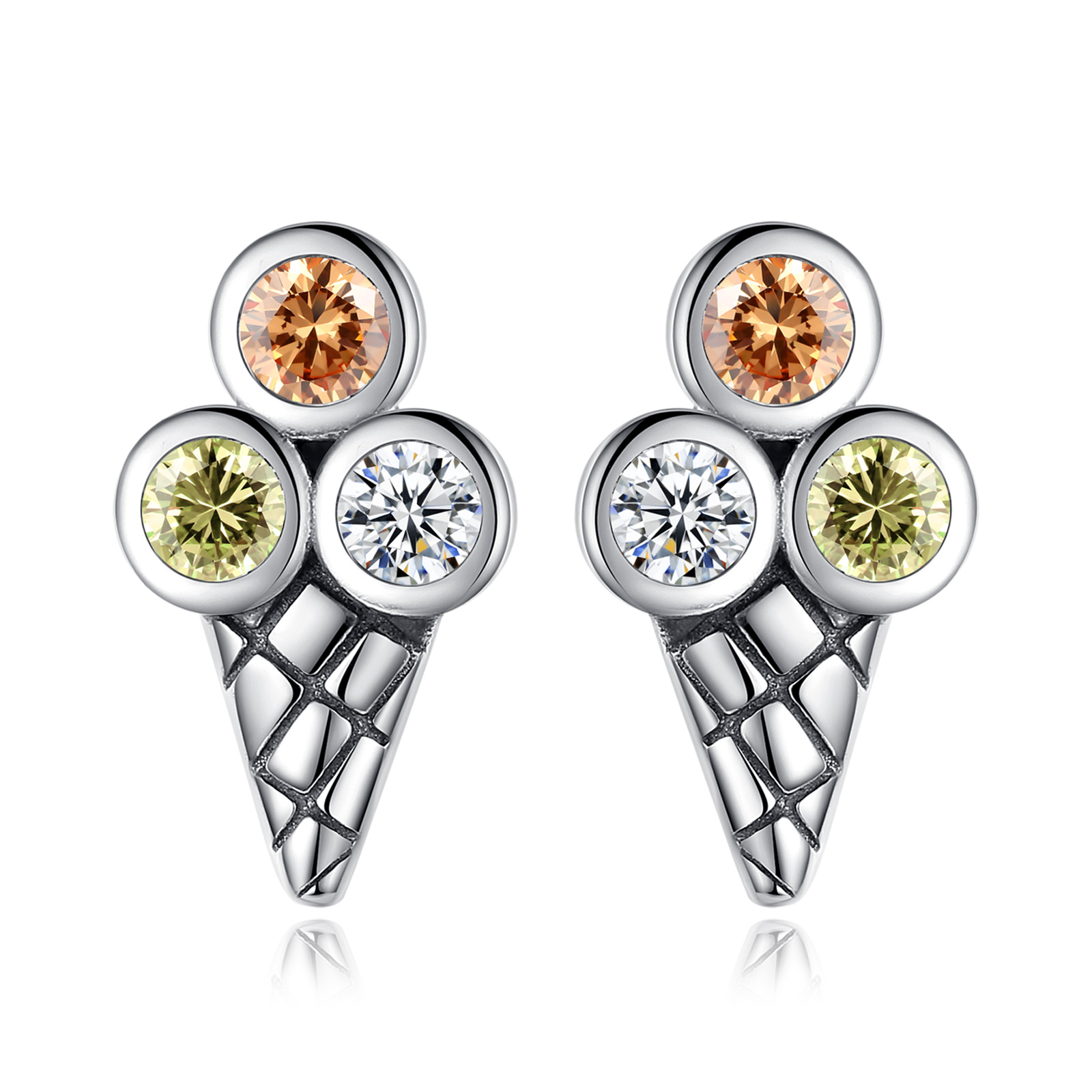 Merryshine Jewelry S925 Sterling Silver Ice Cream Stud Earrings with Colorful Cubic Zirconia
