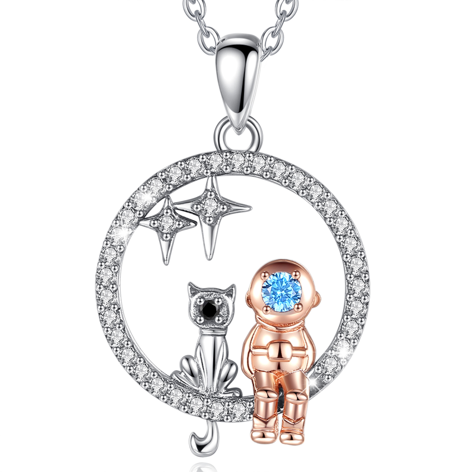 Merryshine Jewelry Fashion Trendy S925 Sterling Silver Spaceman and Cat Necklace with Cubic Zirconia