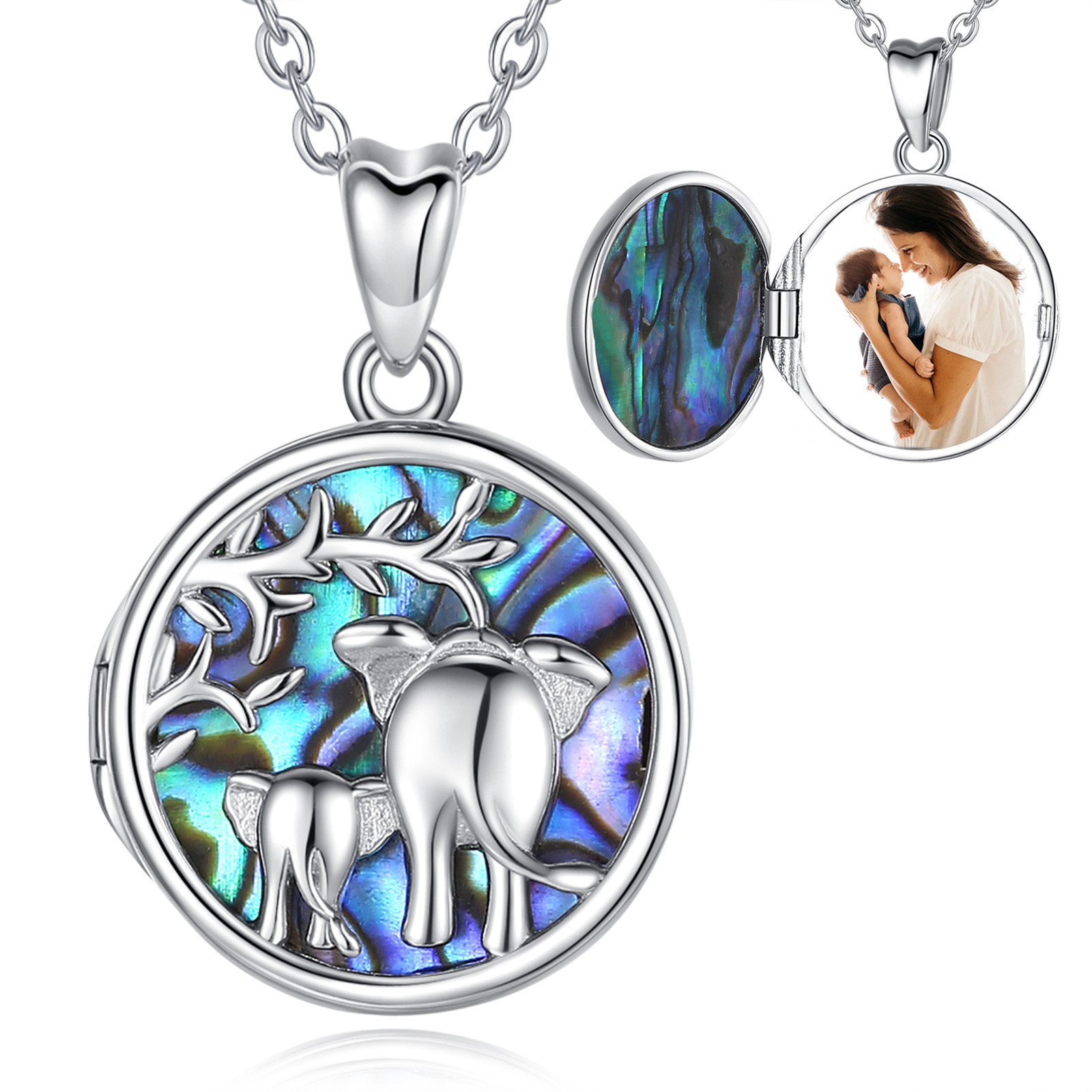 Merryshine Jewelry S925 Sterling Silver Abalone Shell Good Luck Elephant Photo Locket Pendant Necklace