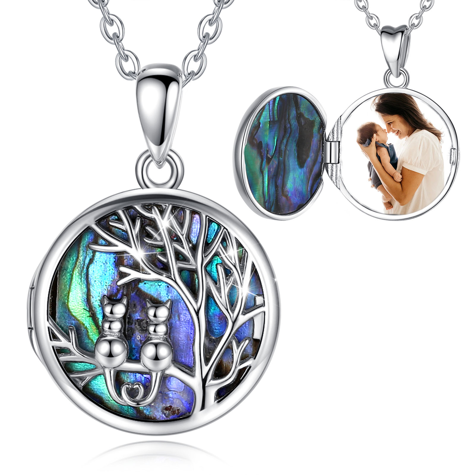 Merryshine Jewelry Cat and Tree S925 Sterling Silver Abalone Shell Photo Locket Necklace Pendant