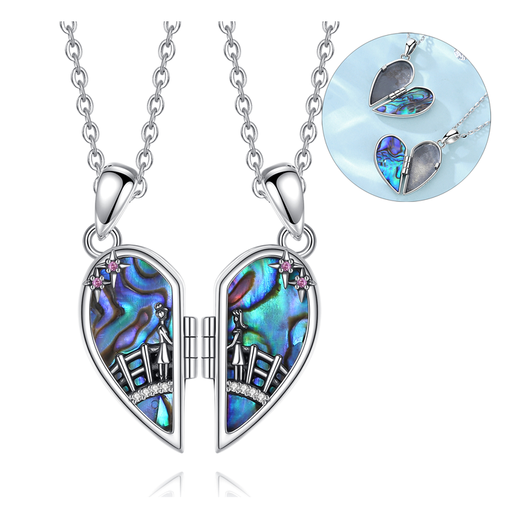 Merryshine abalone shell 925 sterling silver pair half heart pendant photo necklace for friends
